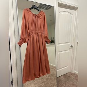 🖤 FLORET STUDIOS BURNT ORANGE SMOCKED WAIST MIDI DRESS 🖤